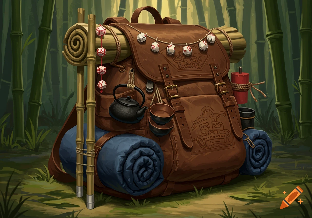 A detailed, stylized adventurer's brown leather backpack with camping gear in a bamboo forest.