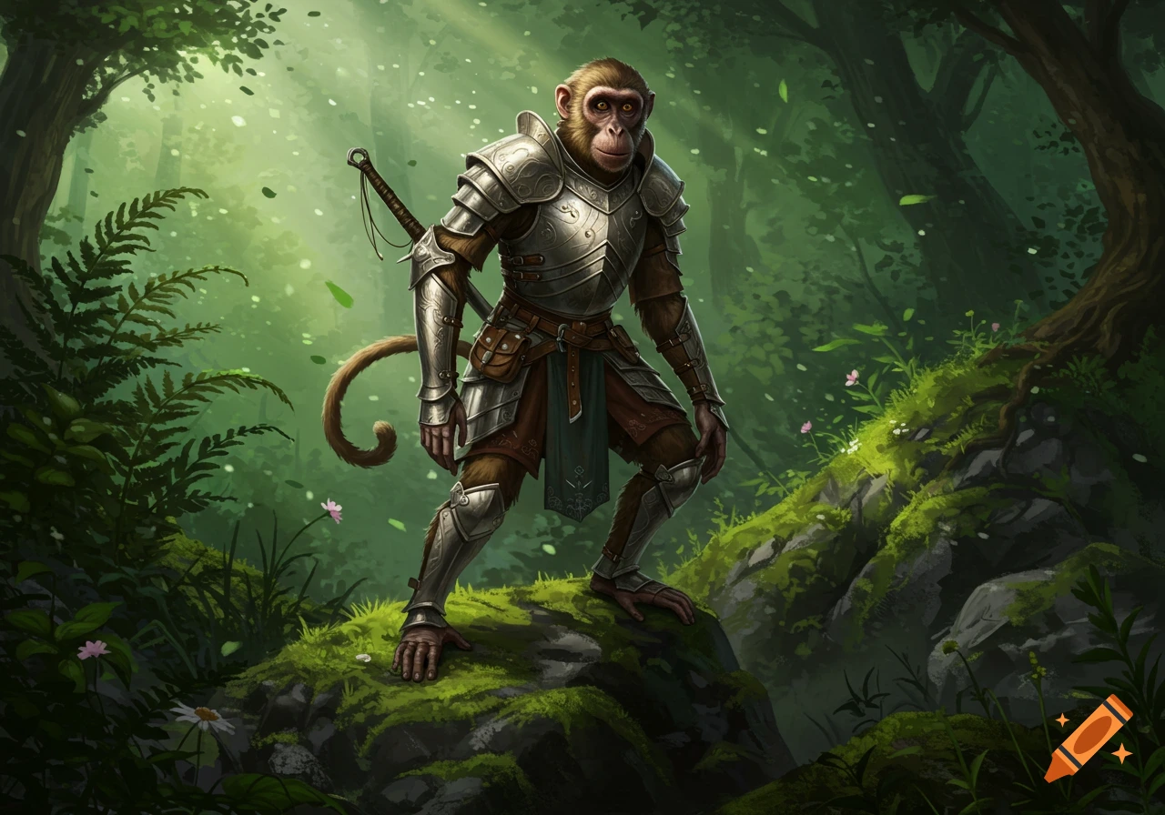 A monkey in detailed silver armor stands on a mossy rock in a vibrant, sunlit forest.