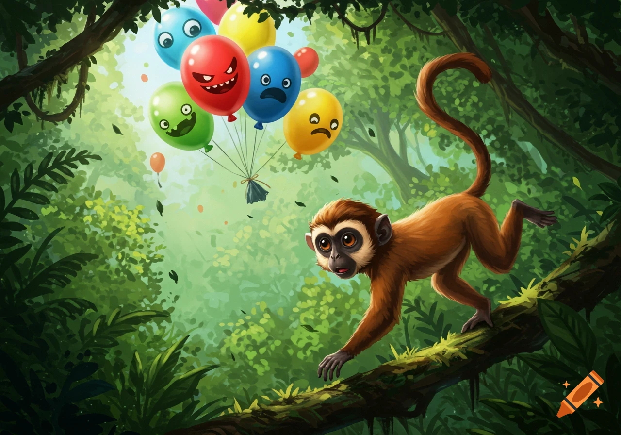 Cartoon monkey on a tree branch in a vibrant jungle, looking at a cluster of colorful, sentient balloons floating above.