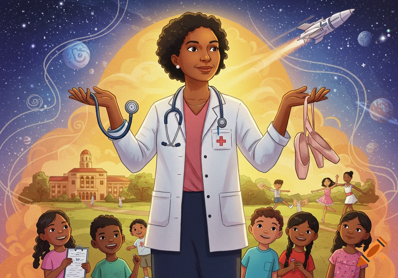 An illustration of a Black female doctor holding a stethoscope and ballet shoes, with children, a university building, and a rocket in space behind her, in a kids' book style.