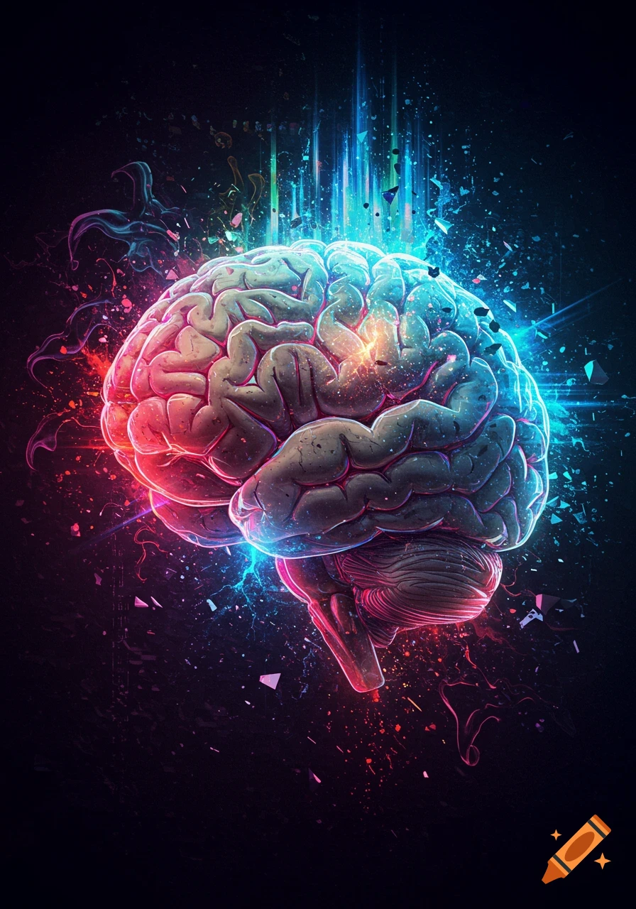 A vibrant, glowing human brain in neon red and blue, surrounded by abstract light particles and energy beams against a dark background, in a digital art style.