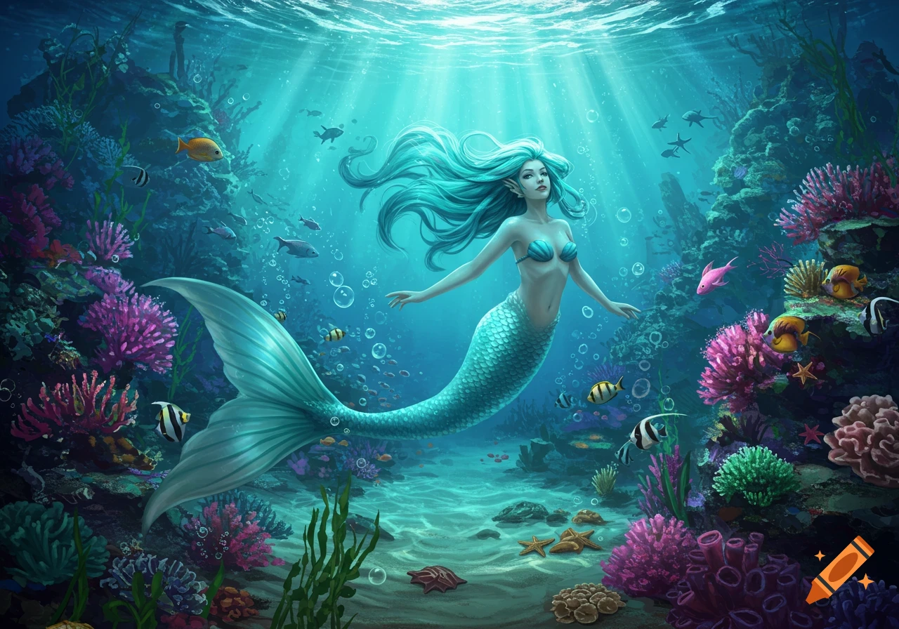 A vibrant illustration of a mermaid with turquoise hair and tail swimming gracefully in a sunlit coral reef filled with colorful fish.