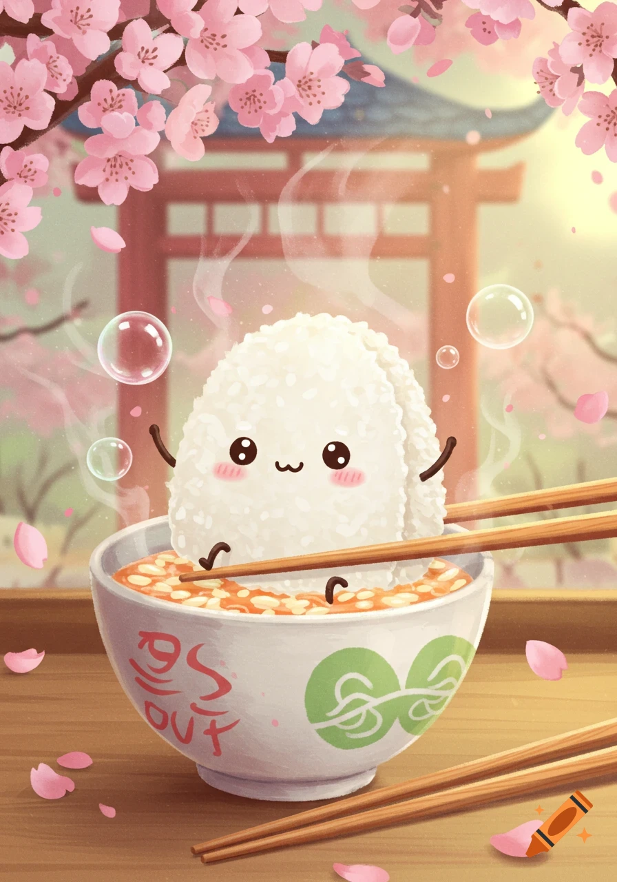 A cute smiling cartoon rice ball in a ramen bowl with chopsticks, surrounded by cherry blossoms and a torii gate.