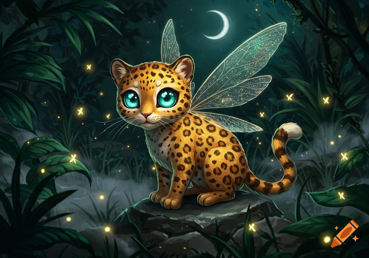 A cute, cartoonish leopard cub with glowing fairy wings sits on a rock in a dark jungle at night with a crescent moon.