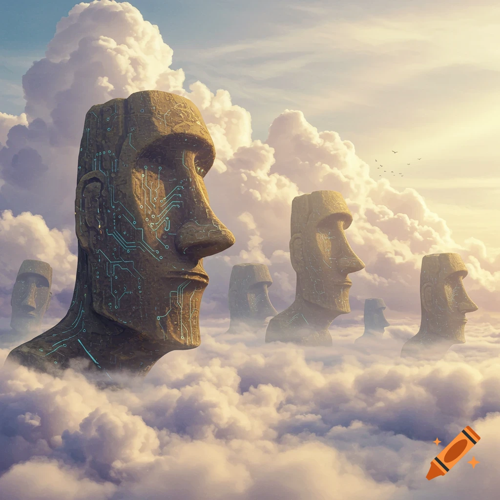A lineup of colossal stone Moai heads with glowing circuit patterns embedded in their faces, rising from a dense blanket of clouds under a dramatic, sunlit sky.