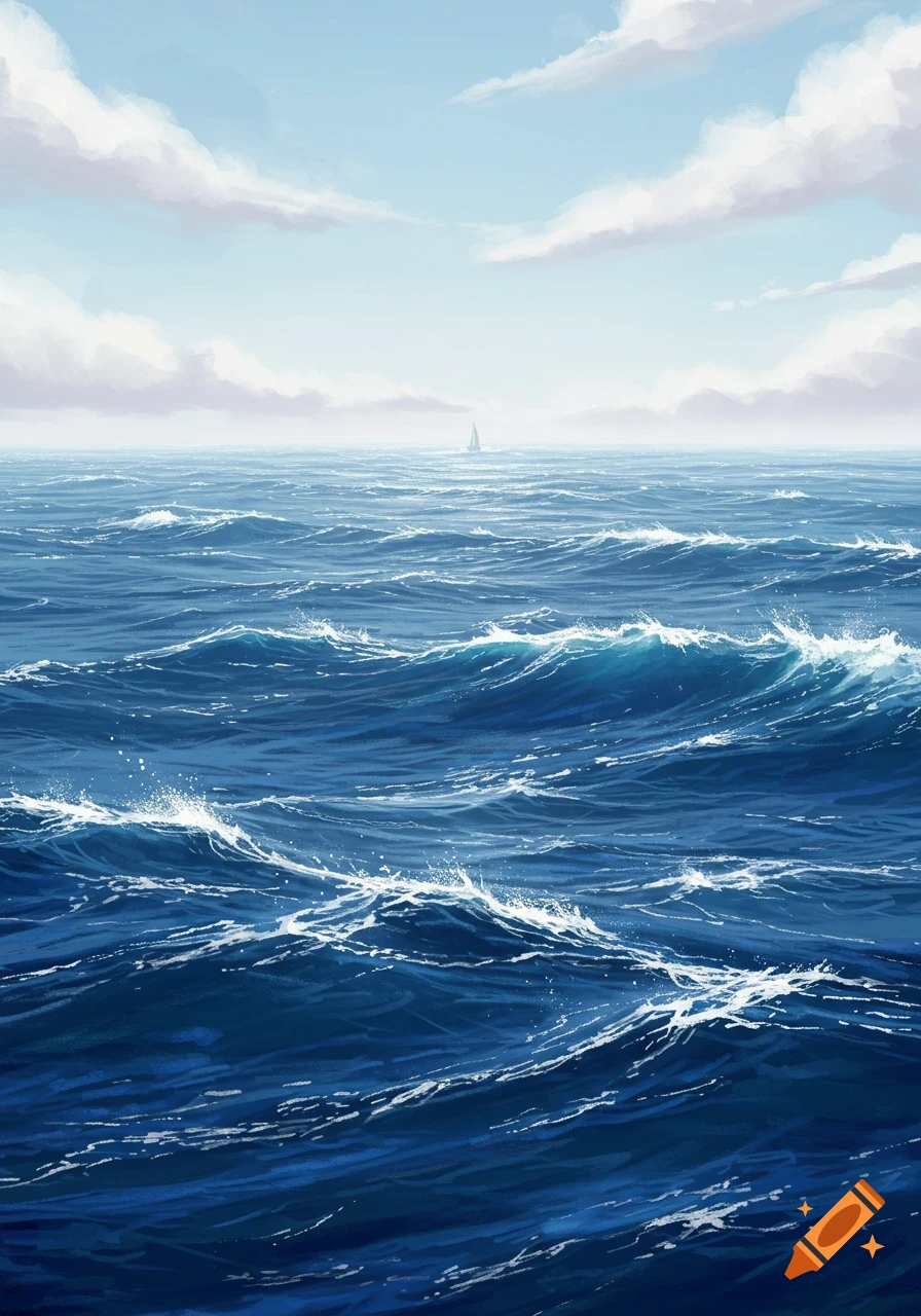 Vast blue ocean with choppy waves under a bright sky with scattered clouds. A tiny sailboat is far in the distance, digital art style.