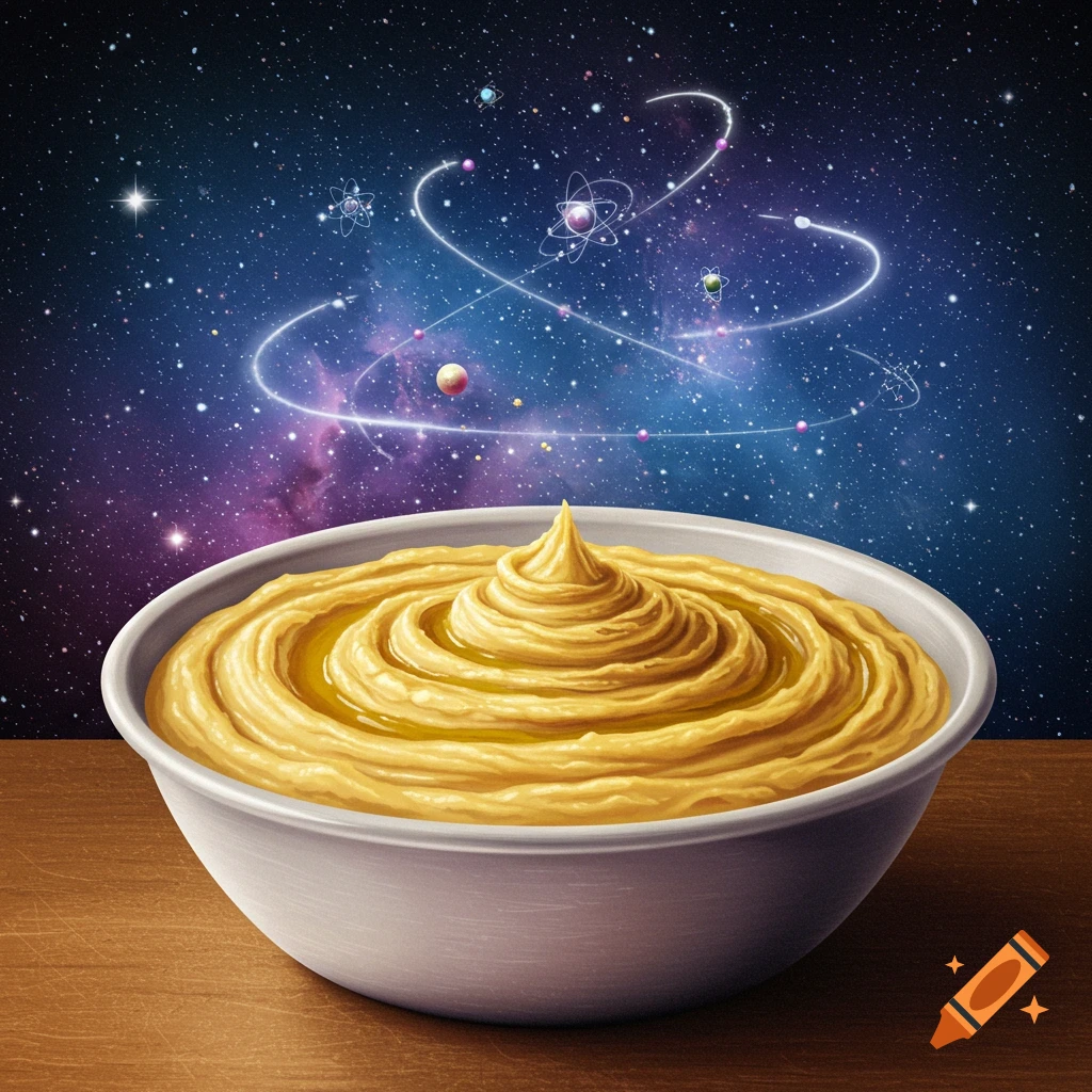 A bowl of hummus sits on a wooden surface with a cosmic galaxy and glowing atomic structures in the background.