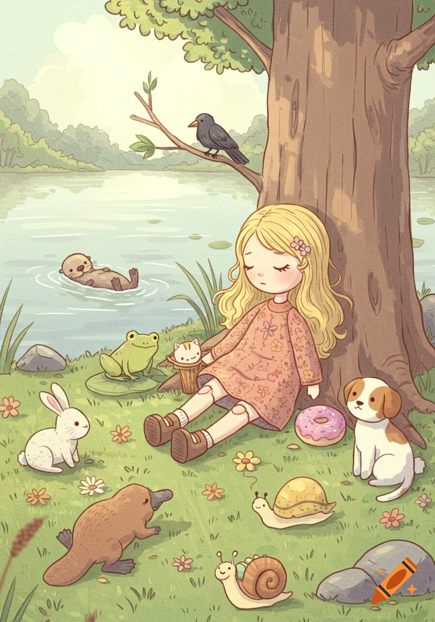 A blonde doll sleeps peacefully against a tree by a lake, surrounded by an otter, frog, rabbit, platypus, snails, dog, cat, and crow in a whimsical illustration.