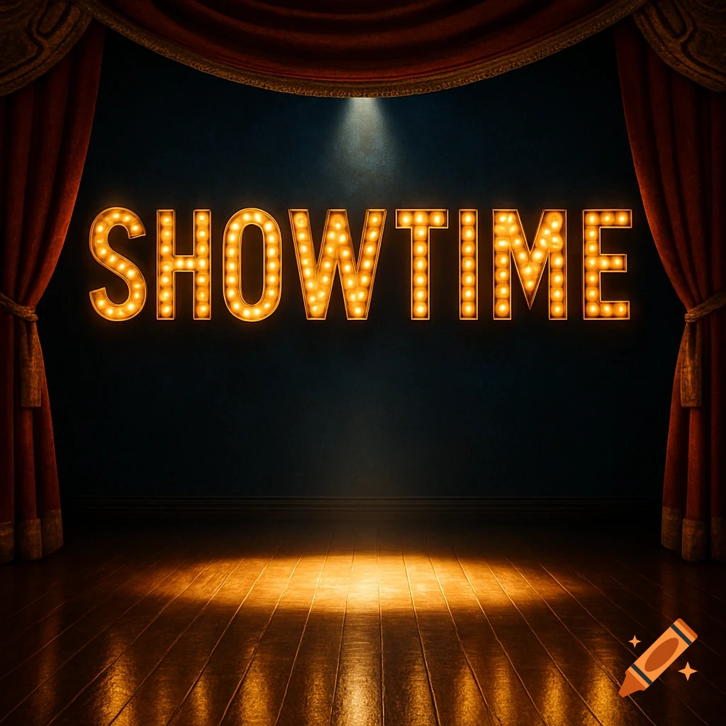 A brightly lit marquee sign spelling "SHOWTIME" with golden bulbs, centered on a dark stage with red velvet curtains and a spotlight shining on a polished wooden floor.