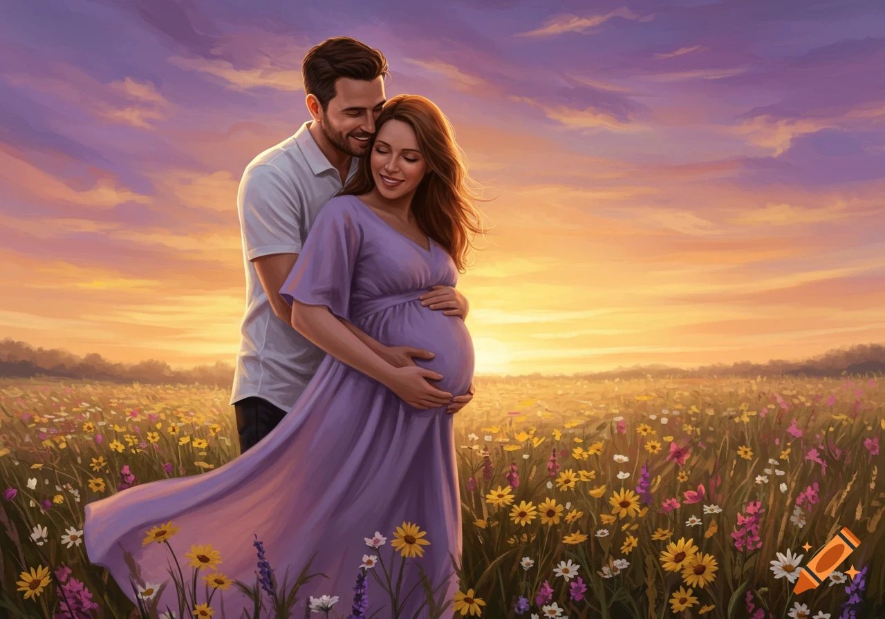 An illustration of a pregnant woman and her husband embracing in a field of wildflowers at sunset.