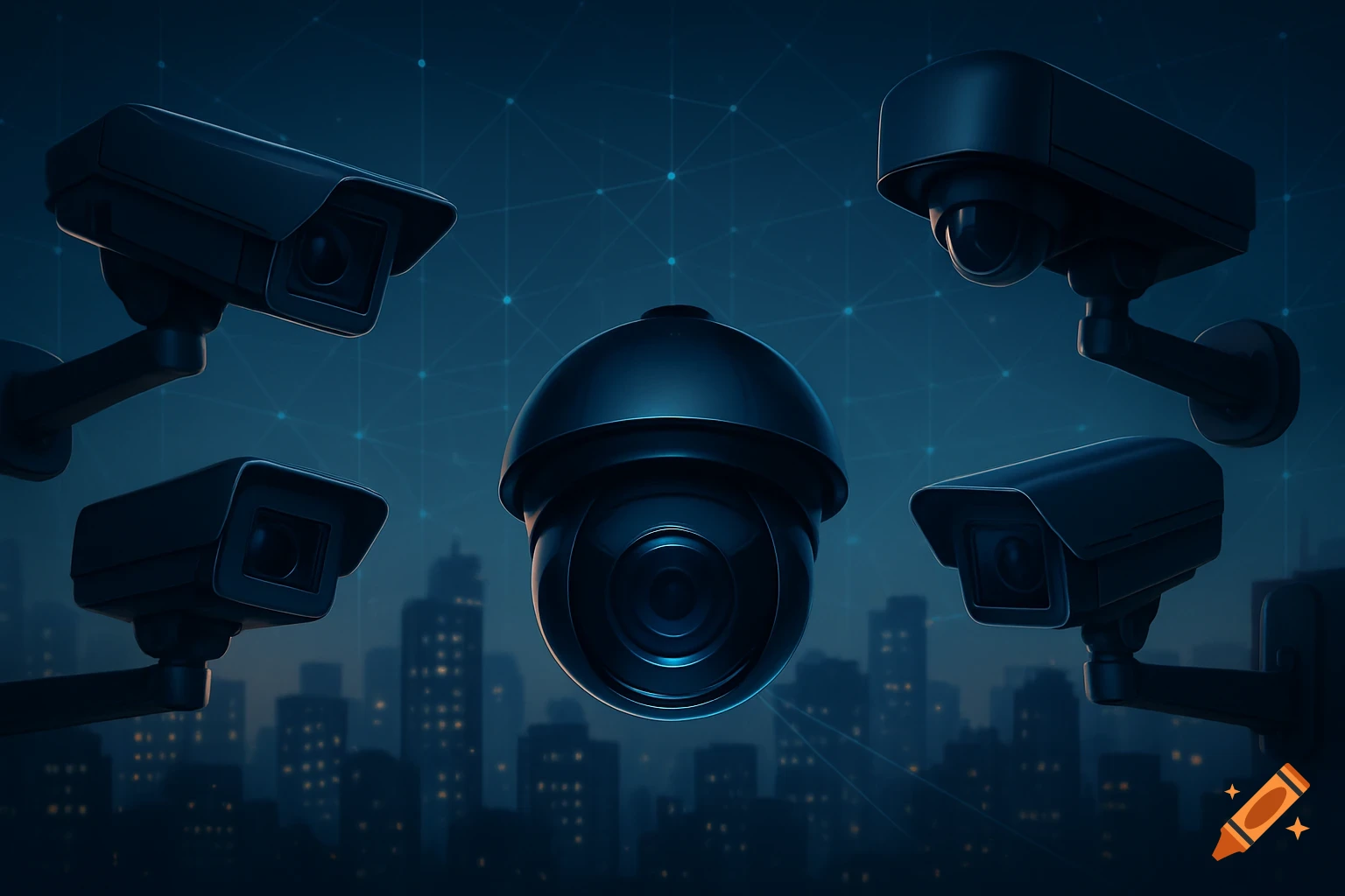 Multiple dark security cameras overlook a blurred city skyline at night, with glowing network lines in the background.
