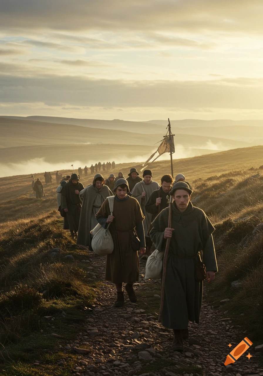 A long line of pilgrims in medieval robes walks up a rocky path on a grassy hillside under a hazy, golden sky.