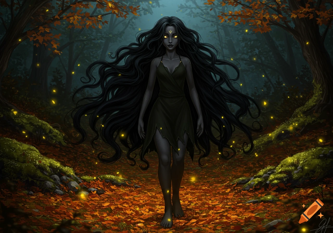 A dark-skinned woman with long black hair and glowing golden eyes stands barefoot in a mystical autumn forest with fireflies.