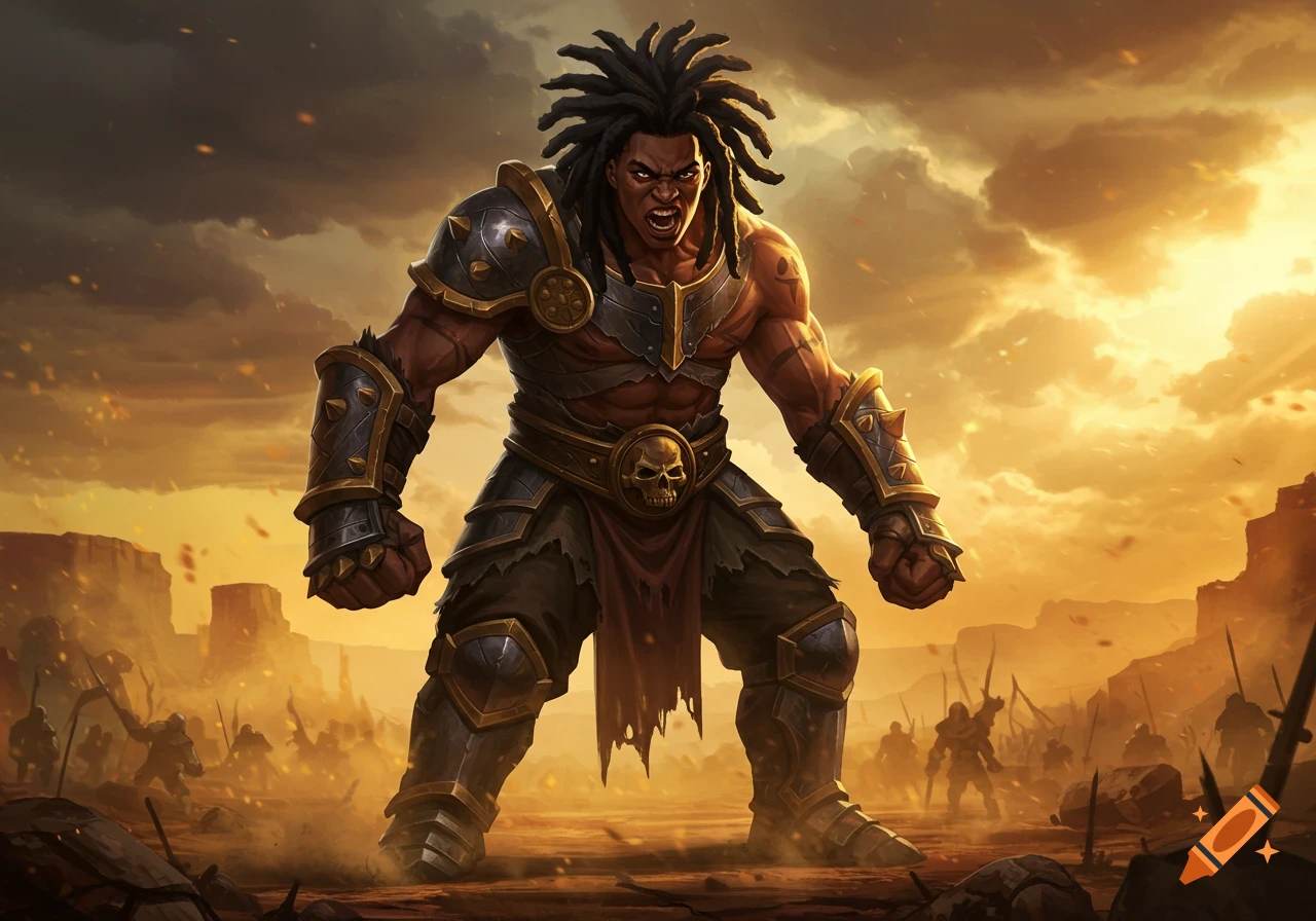 A massive, angry warrior with dreadlocks and armor stands in a dusty battlefield with other figures in the background.