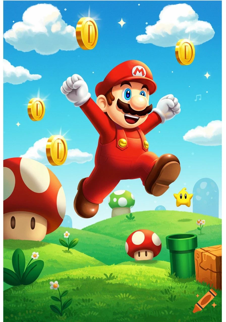 A cartoon illustration of Mario jumping in a green landscape with clouds, golden coins, mushrooms, and a star.