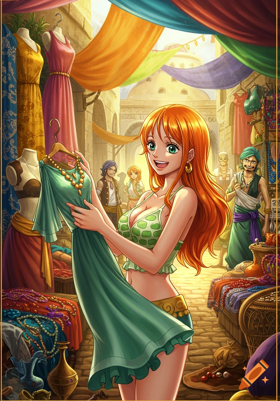 Anime character Nami from One Piece smiles while holding a green dress in a vibrant market stall, with other characters and fabrics in the background.