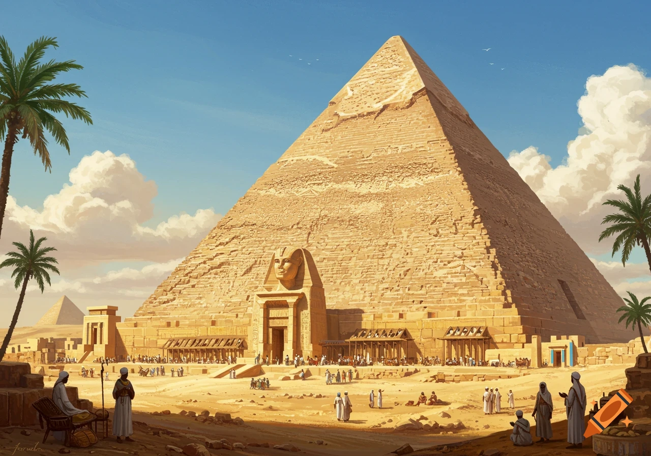 A detailed illustration of the Great Pyramid of Giza and Sphinx, surrounded by people in ancient Egypt under a clear blue sky.