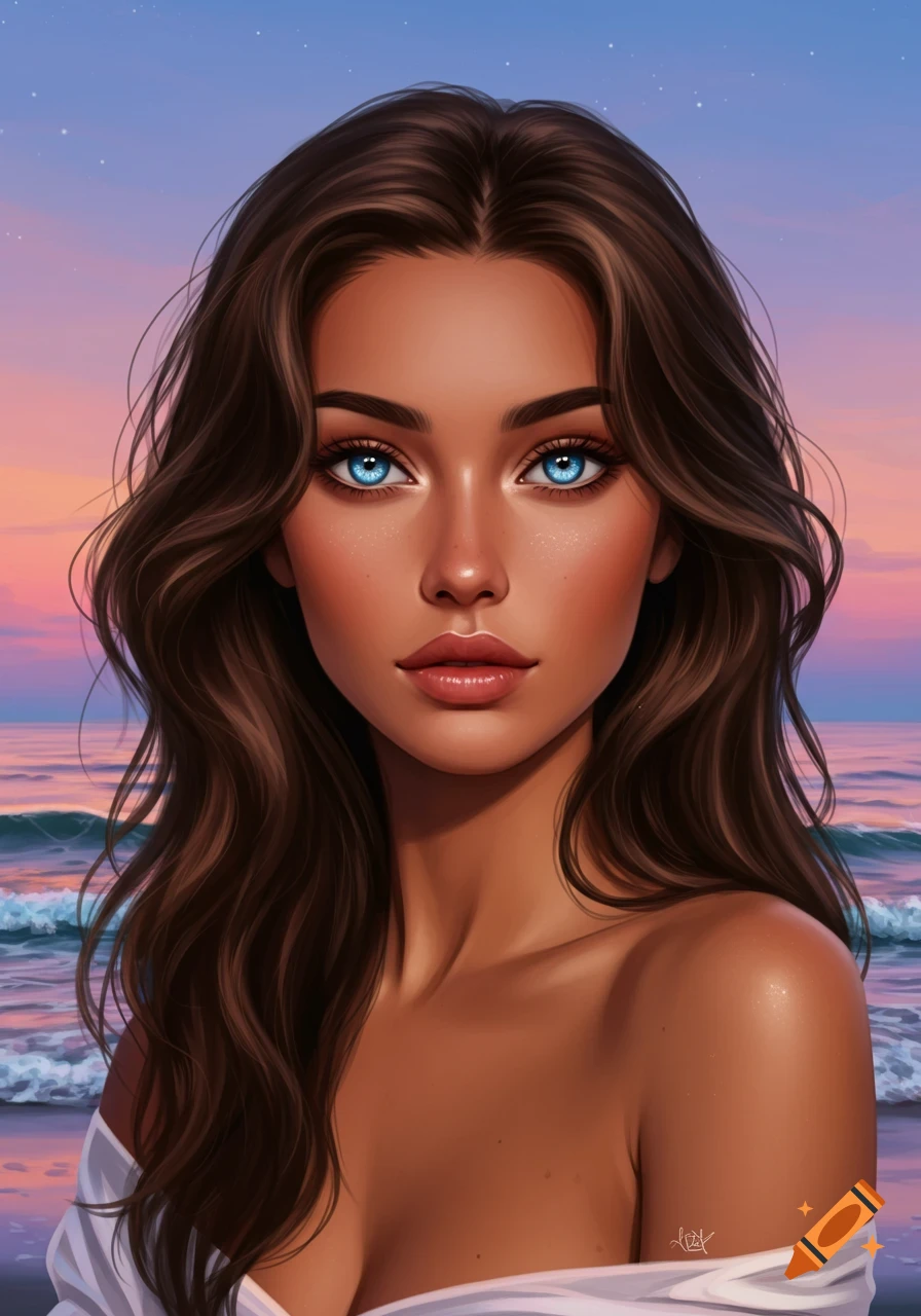 Stylized portrait of a woman with long brown hair and striking blue eyes on a beach at sunset.