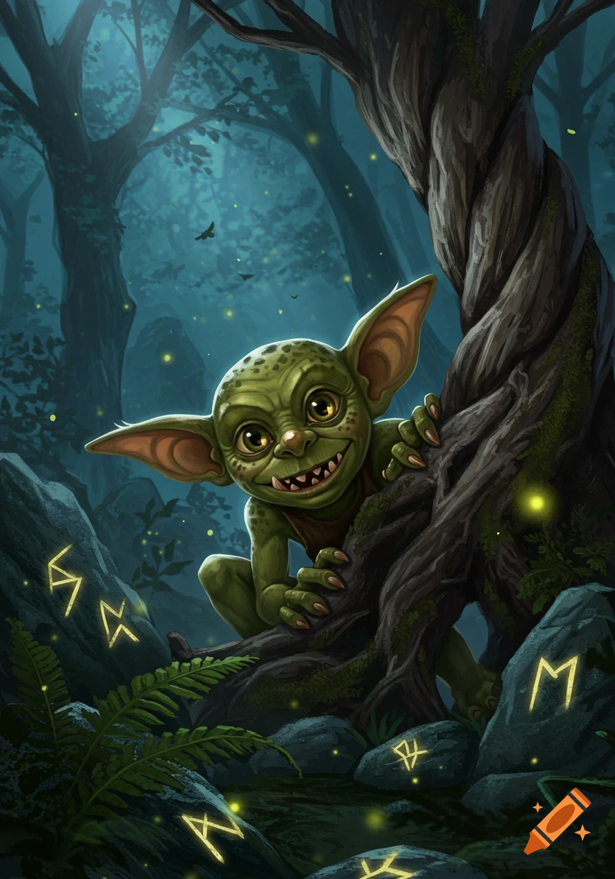 A cute green goblin with large ears and a wide smile peeks from behind a tree trunk in a magical forest with glowing runes and fireflies.
