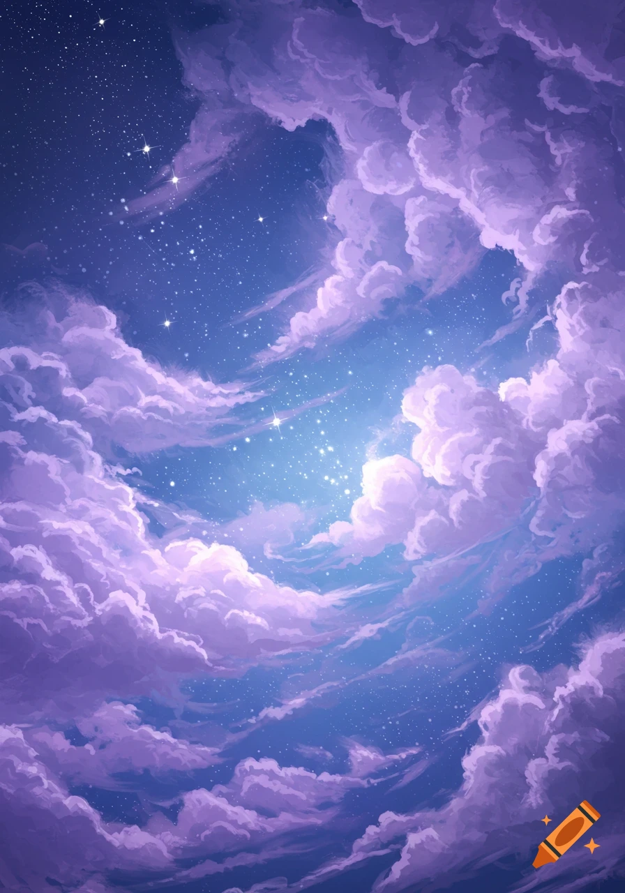 Mystical night sky with swirling light purple and blue clouds, filled with many shining stars.