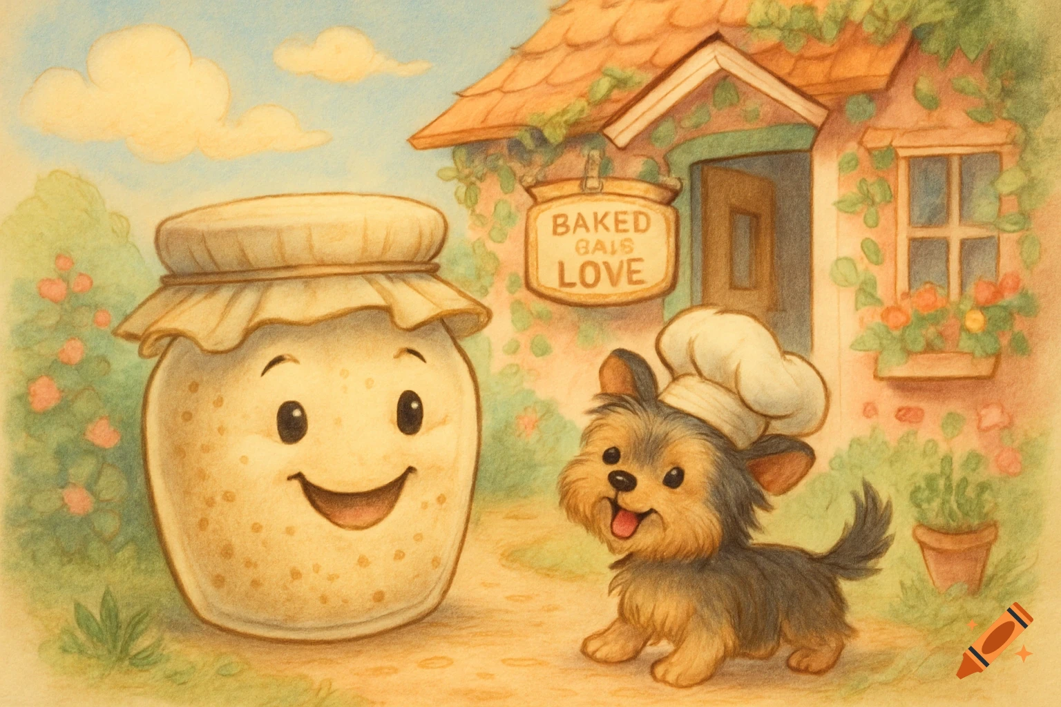 A whimsical storybook illustration of a smiling sourdough starter jar and a dog in a chef hat outside a bakery.