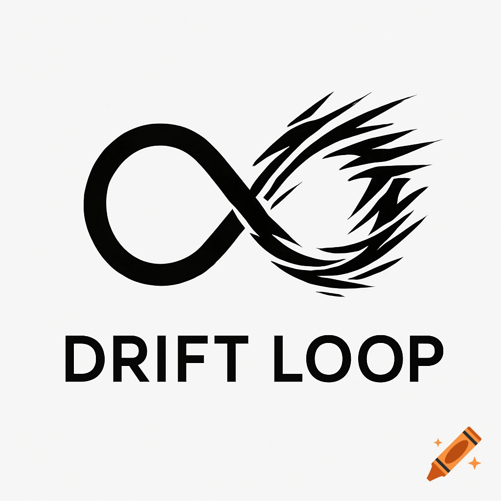 Black and white minimalist logo with a stylized infinity symbol with dynamic sharp lines on the right and 'DRIFT LOOP' text.