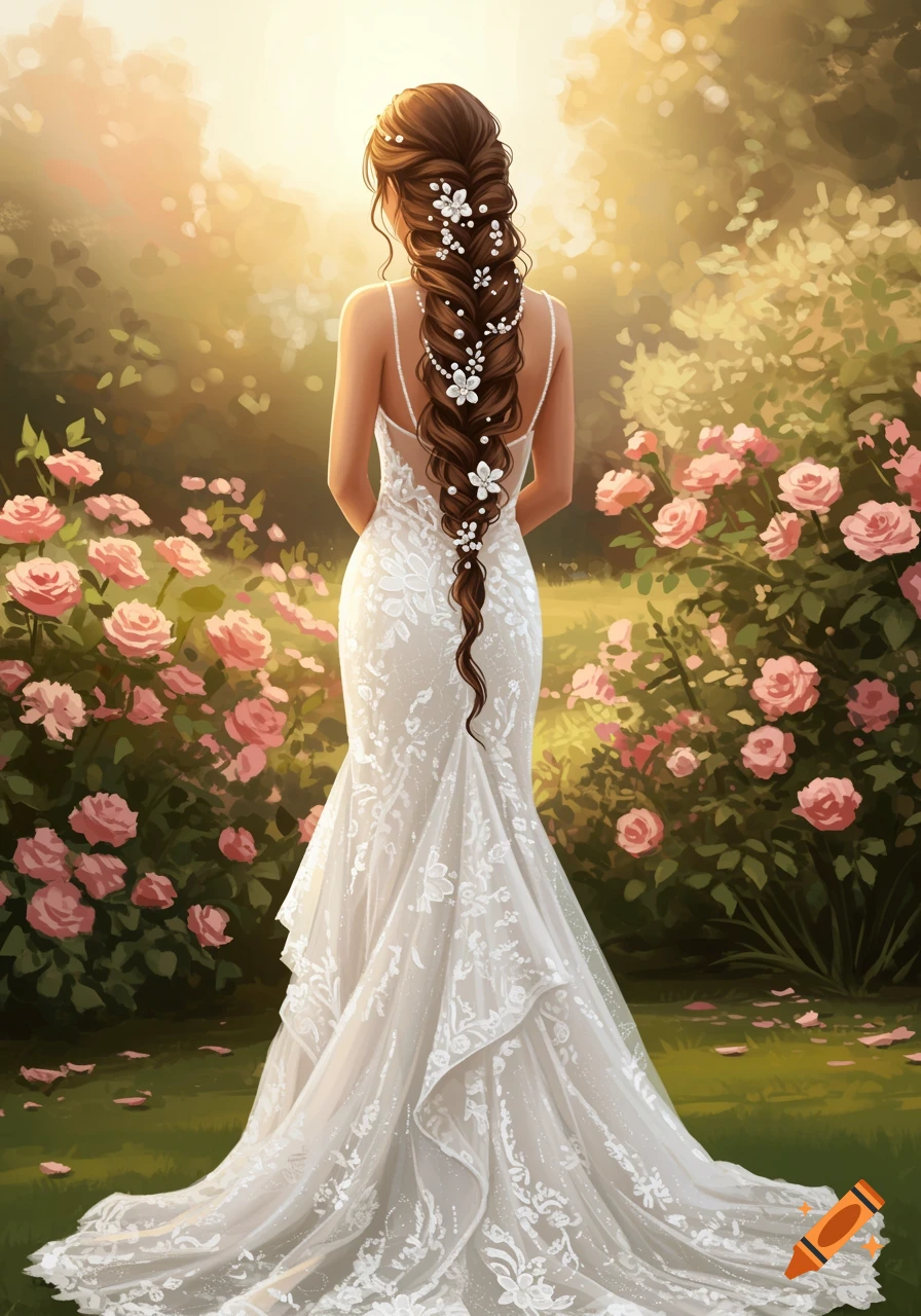 A woman in a white wedding dress with a long braided ponytail adorned with pearls and flowers stands in a sunny garden with pink roses, viewed from behind.
