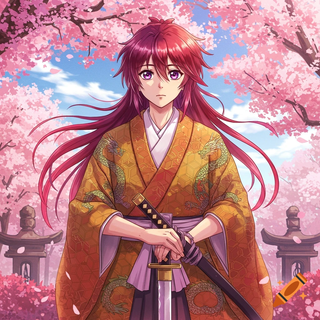 An anime character with long red hair and purple eyes wears a golden kimono with dragon patterns, holding a katana under pink cherry blossom trees.