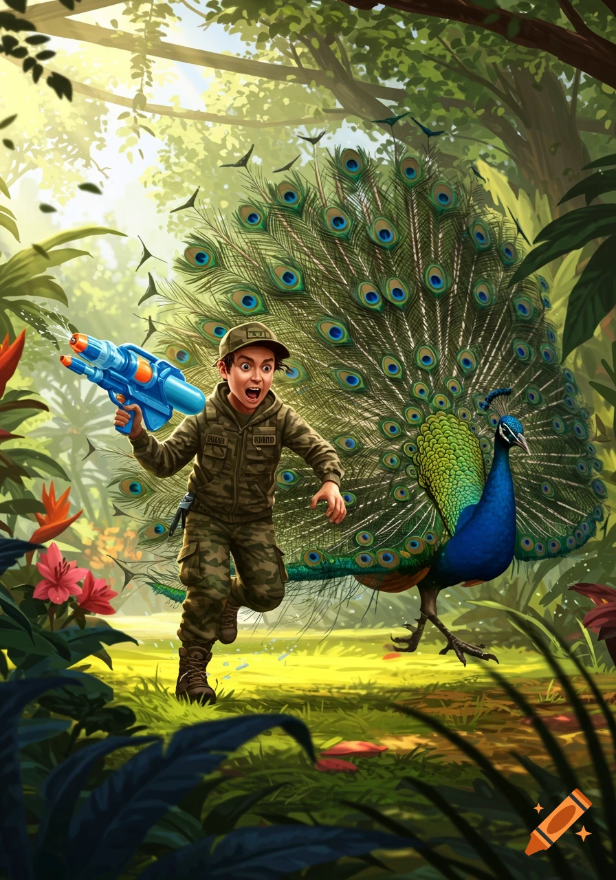 A boy in camouflage runs through a lush jungle, aiming a water gun at a large peacock with an open tail.