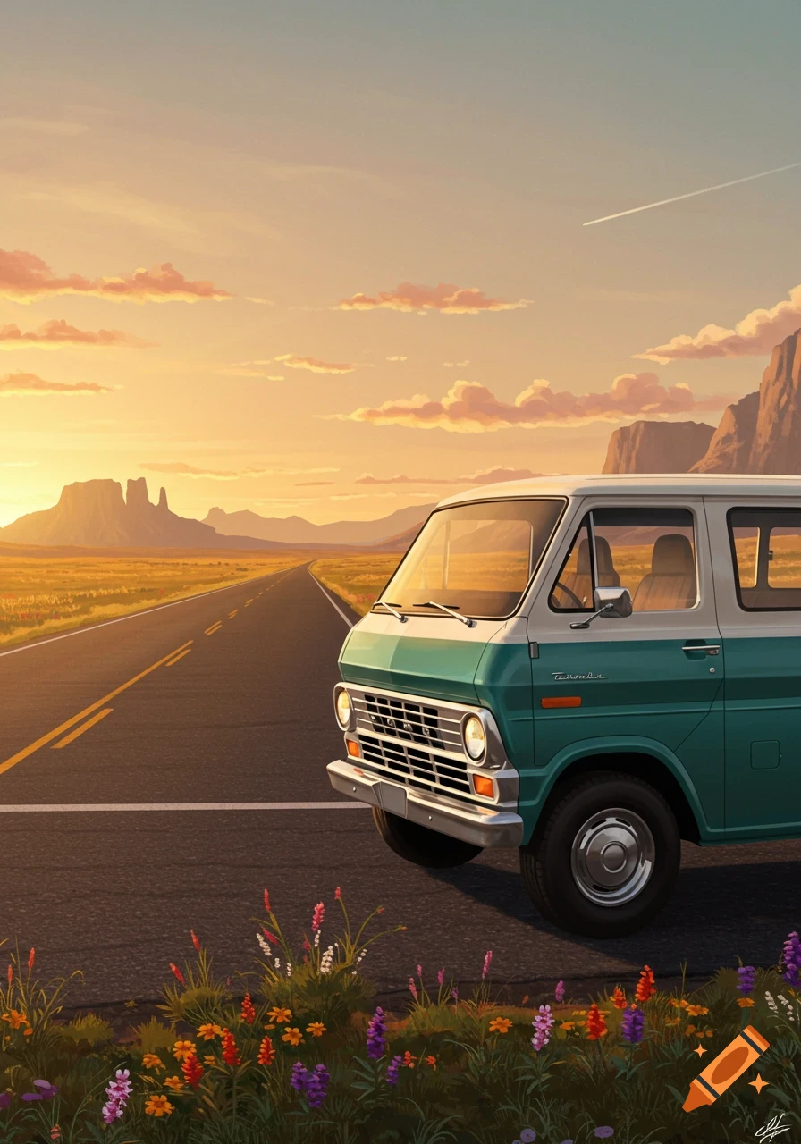 A vintage teal and white van on a desert road at sunset, with mountains and wildflowers, in a digital art style.