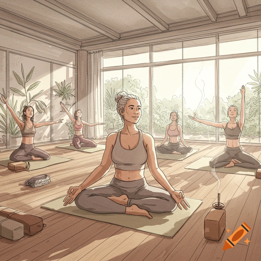 Five women in a yoga class, with one in the foreground meditating on a mat in a bright, sunlit room with large windows.