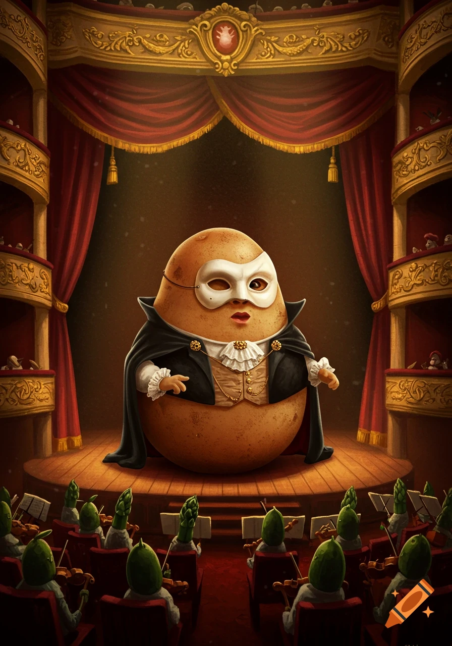 A whimsical illustration of a potato character in a Phantom of the Opera costume on stage, performing for an asparagus orchestra in a grand theater.