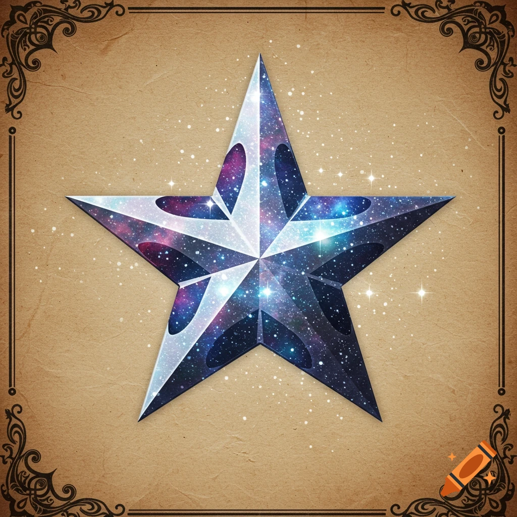 A galaxy-filled star on a decorative brown background.