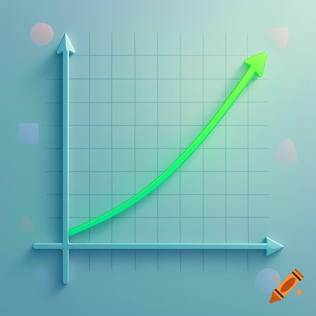 A 3D render of a bright green line showing a positive slope on a light blue Cartesian plane with grid lines.