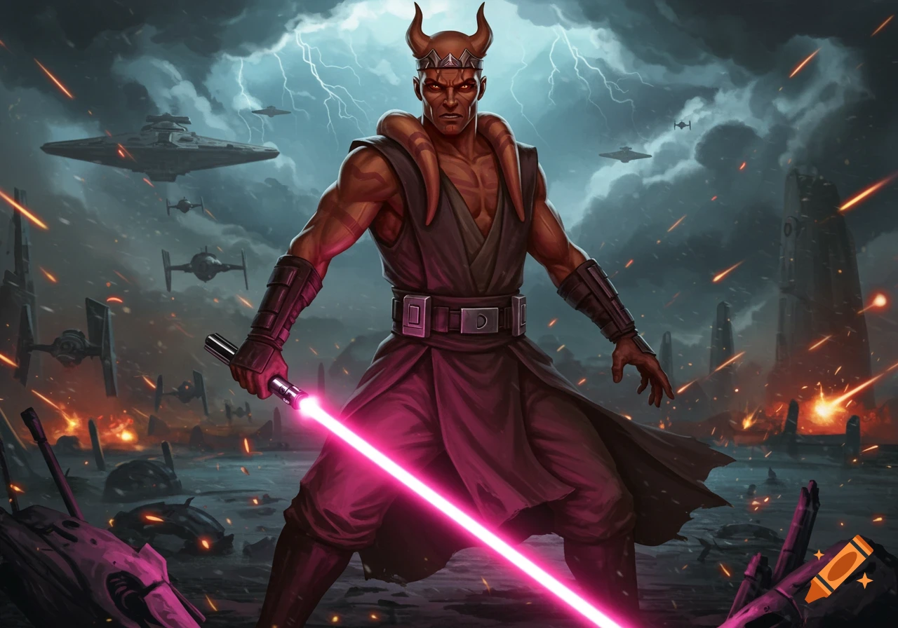 A red-skinned male Zabrak Jedi with horns and a magenta lightsaber stands on a smoky battlefield with spaceships and lightning in the sky.