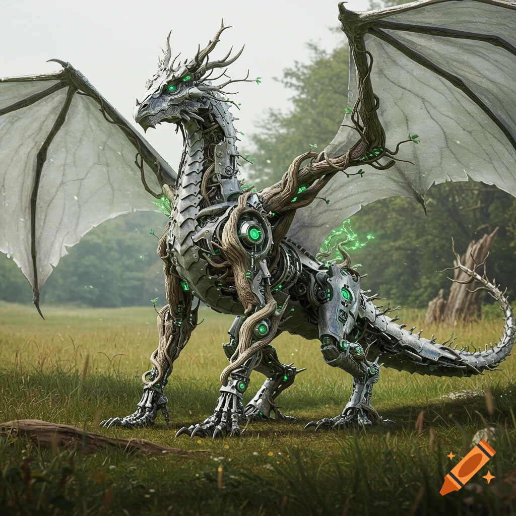 A photorealistic silver robotic dragon with tree trunk vines and glowing green energy stands in a grassy field.