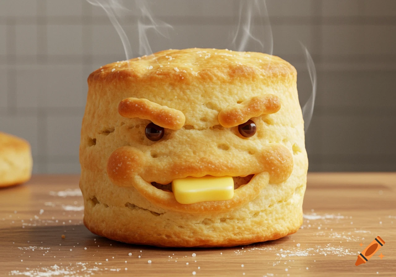 A steaming, golden-brown biscuit with a sassy face made of dough, with a pat of butter as its tongue, on a wooden table.