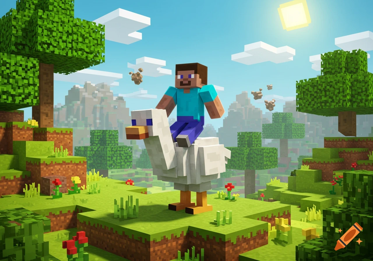 Steve, the Minecraft character, rides a white chicken through a bright, blocky landscape with trees, hills, and a square sun.