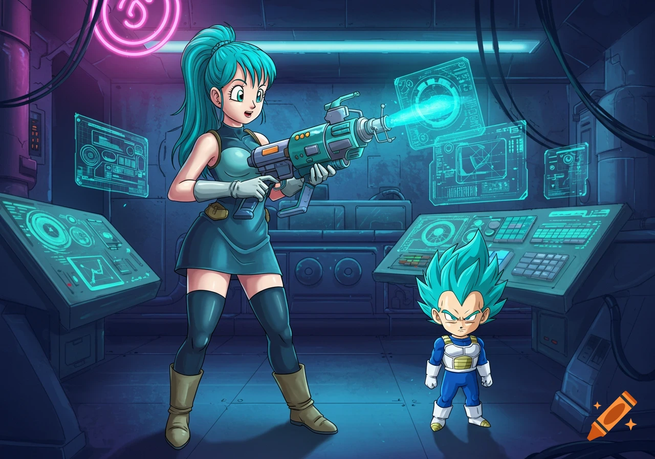 Bulma, a woman with teal hair, holds a large ray gun, aiming it at a tiny, blue-haired Vegeta in a futuristic lab.