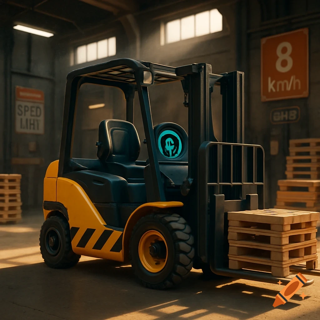 A yellow and black cartoon-style forklift with black wheels and a warning stripe, holding stacked wooden pallets in a warehouse setting. A sign in the background reads "8 km/h".
