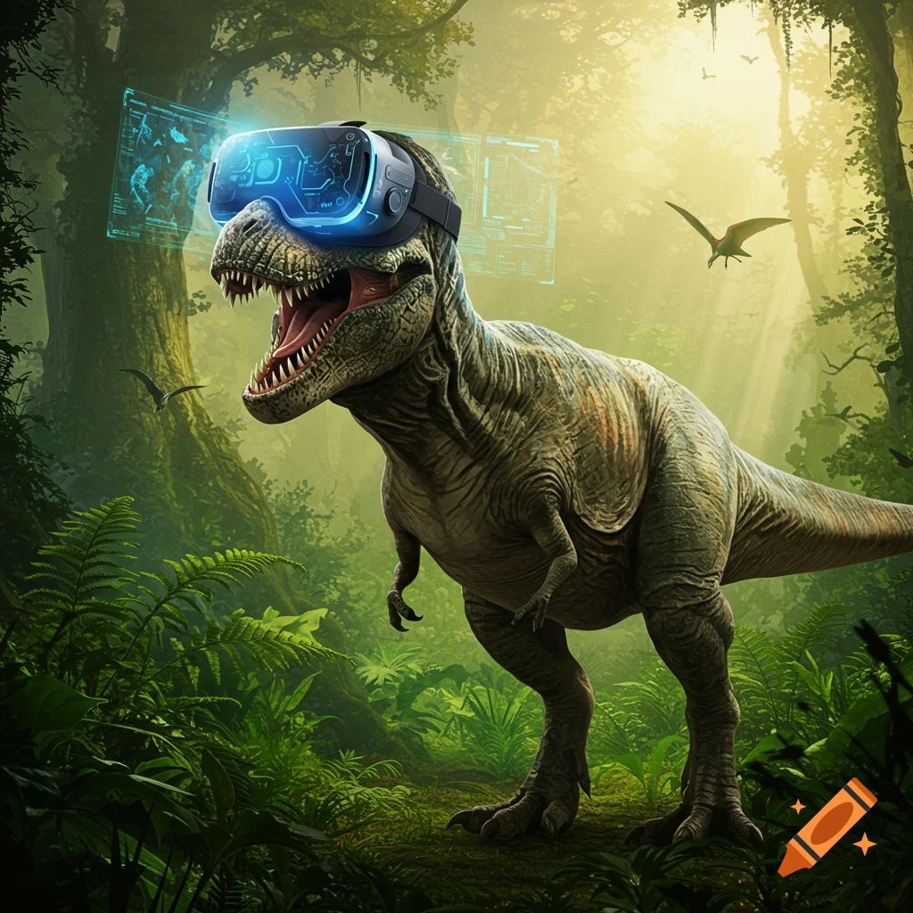 A photorealistic Tyrannosaurus Rex wearing a glowing blue virtual reality headset stands in a dense, sunlit jungle.