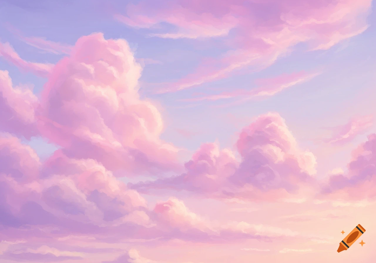 A soft, pastel-colored sky filled with fluffy pink and lavender clouds.
