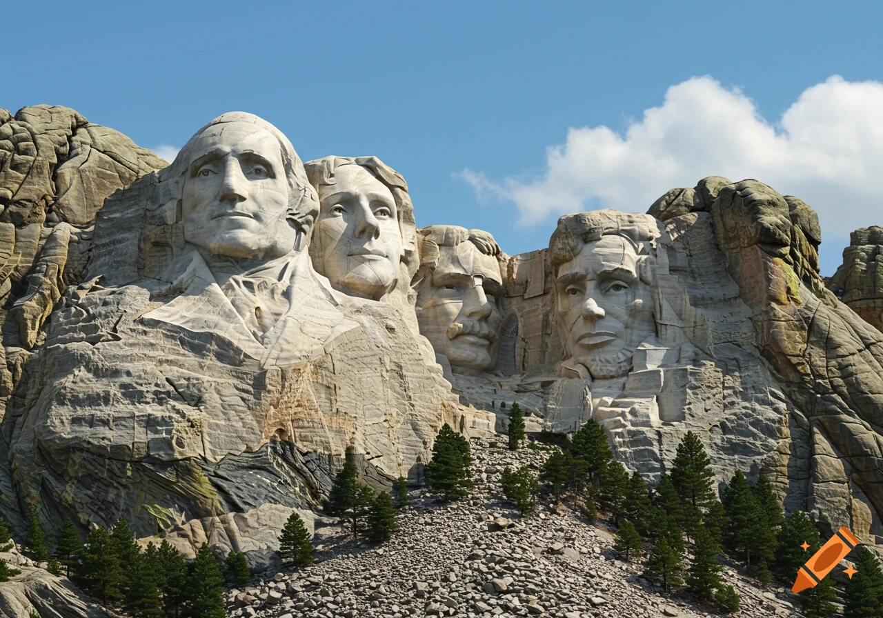 The faces of four US presidents, Washington, Jefferson, Roosevelt, and Lincoln, carved into Mount Rushmore under a blue sky.