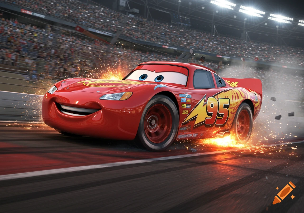 Lightning McQueen races on a track, kicking up sparks and smoke with a blurred crowd in the background, in a high-quality CGI animation style.