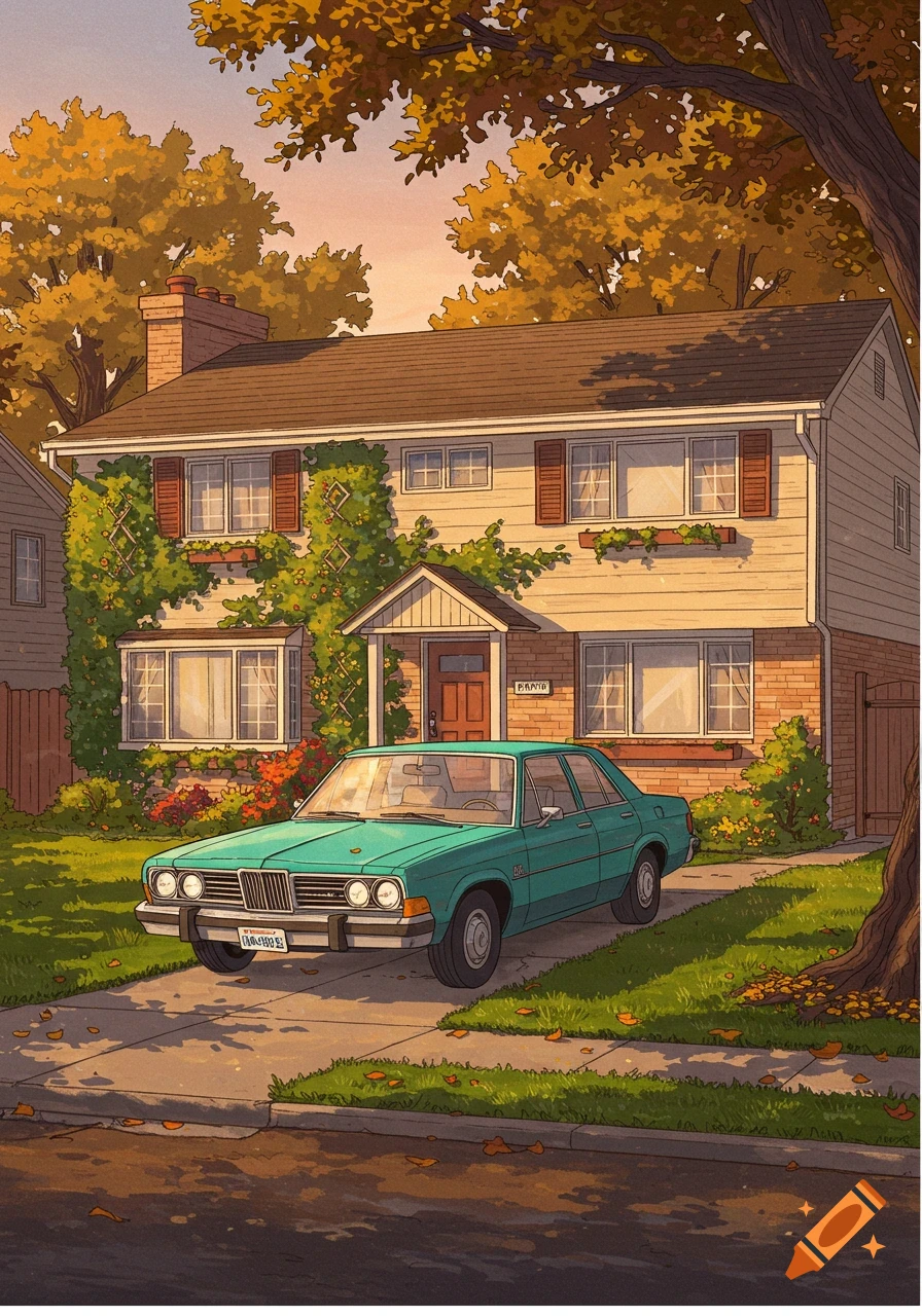 An illustrated house with a teal vintage car in the driveway on a sunny autumn day.