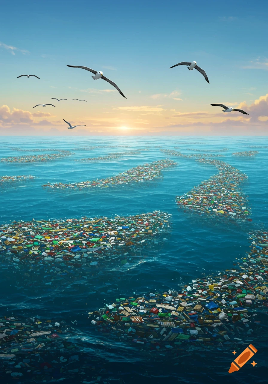 Seagulls fly over winding patches of colorful plastic garbage floating in a vast blue ocean under a sunset sky.
