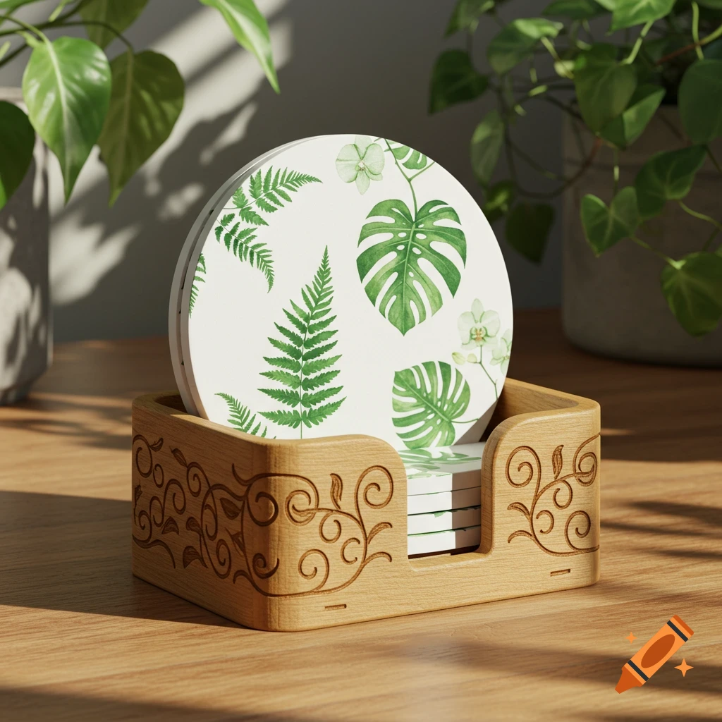 A wooden coaster holder with carved floral patterns holds round coasters featuring green leaves. Blurred plants are in the background.