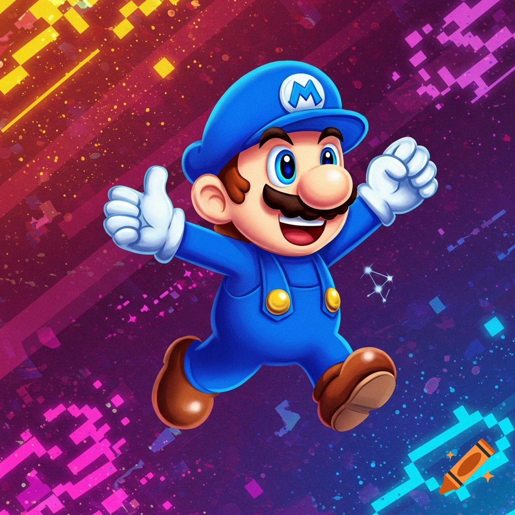Blue cartoon character resembling Mario with an 'M' cap, jumping with thumbs up against a vibrant pixelated background.