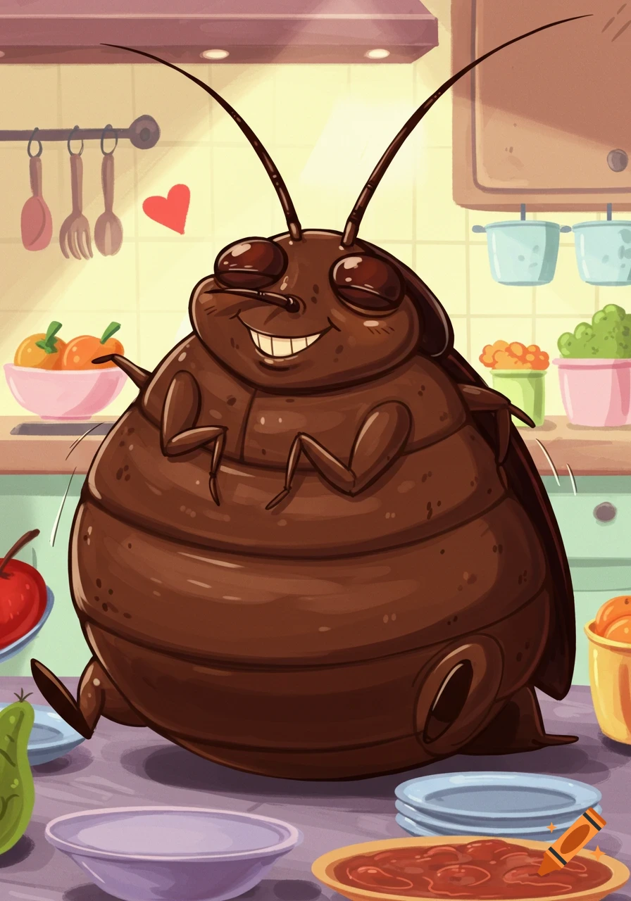 A happy, plump cartoon cockroach with a big smile stands in a kitchen next to various dishes.