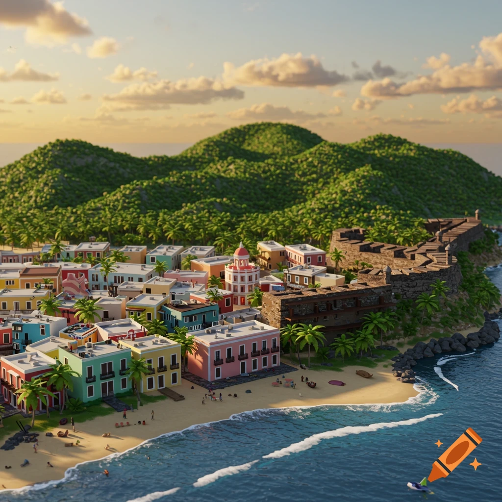 A vibrant 3D rendering of a colorful coastal town with a sandy beach, surrounded by lush green mountains, under a sunset sky.